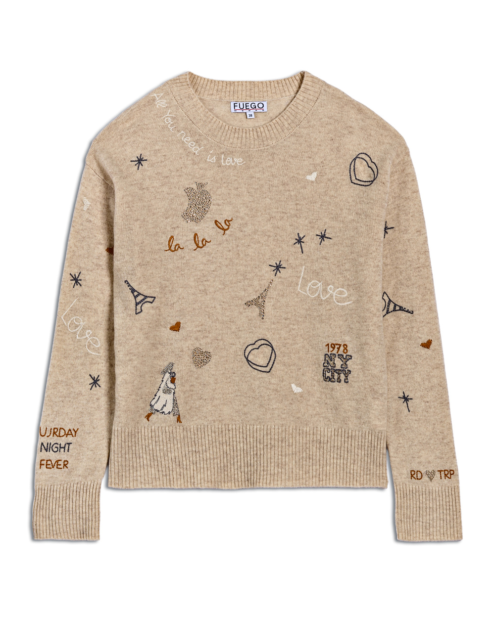 French Women's Merino Wool Pullover, Knit sweater with Print and Embroidery